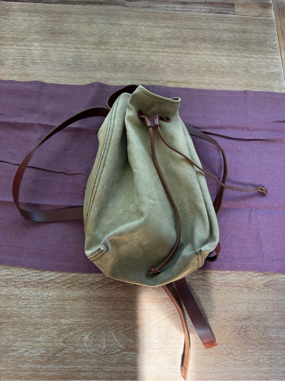 Madewell Olive Green Canvas Drawstring Backpack with Brown Leather Trim